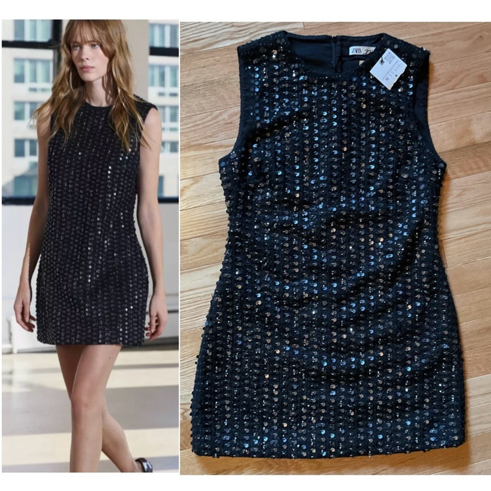 New - Zara ZW Collection Tweed sequin mini dress black holiday dress